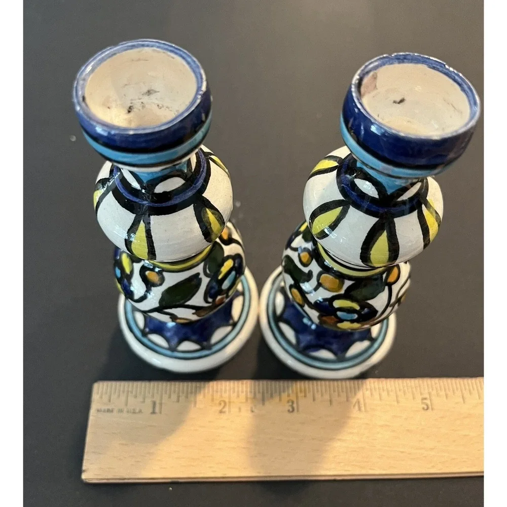 Israeli Ceramic Pottery Iznik Shabat Candlesticks Hand‎ Painted